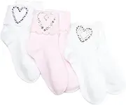 [Jefferies Socks] Little Girls' Shiny Hearts Seamless Organic Applique (Pack of 3) - Multi-colored