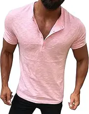 [Aosufei] Men's Lightweight Button Up Basic T-Shirt Stretch Short Sleeve Casual T-Shirt Banded Collar Loose Fit T-Shirts