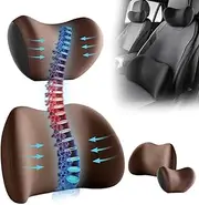 Car Lumbar Support Pillow and Car Neck Pillow Kit, Memory Foam Ergonomic Car Seat Headrest & Lumbar Cushion for Neck Back Pain Relief, for Office Chair/Truck/Wheelchair (Coffee)