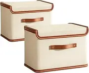 WyndShades Fabric Boxes with Lids – Pack of 2, Large Beige Oxford Cloth Storage Bins with Handles, Foldable & Stackable Cube Organiser for Wardrobes, Shelves & Closet – 37x37x26cm