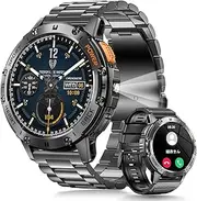 Smart Watch for Men with 1.43 AMOLED Flashlight 800mAh Battery 50 Days Standby 200+Sports IP68 Waterproof Pedometer Bluetooh Voice Answer/Call Mlitray Stainless Steel for Andorid iOS,Black K65