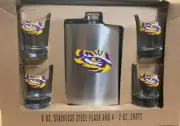 LSU TIGERS STAINLESS STEEL 8oz FLASK and 4-2oz SHOT GLASS SET NIB