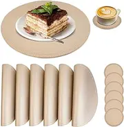 Set of 6 Faux Leather Round Placemats and Coasters, Coffee Mats Kitchen Table Mats, Waterproof, Easy to Clean for Kitchen Dining Round Table