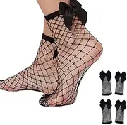 [VANTOBEST] 3 Pairs Fishnet Socks Hollow Out Mesh Net Socks Elastic Hollow Short Socks Mesh Short Ankle Socks with Bowknot Decor for Summer Wear for Women(Black), Black+white, One Size