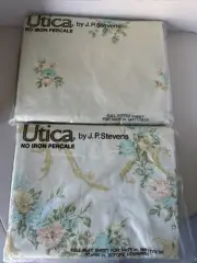 Vtg Utica Stevens Floral ELEGANTE 50/50 Full Flat & Fitted Sheet Set percale USA