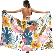 [RPLIFE] Pink Flamingos Flowers Sarong Cover Up, Tassel Skirt Cover Up, Beach Sarong Women, Summer Wraps