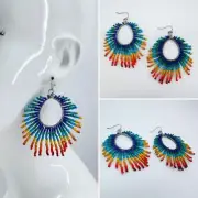 Multicolor Fish Hook Handmade Seed Bead Teardrop Earring