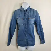Diesel Women's Blue Solid Button Up Shirt Casual Spread Collared Size XS