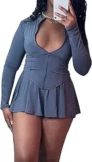 [Molilove] Sexy 2 Piece Skirt Sets for Women Long Sleeve Zipper Jacket Pleated Mini Dress with Shorts Tennis Workout Outfits