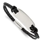 Stainless Steel Chisel Polished Black Woven Leather 8.25 Inch Id Bracelet
