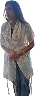 [Yaliland] Tallit For Women Female Girl Bat Mitzvah Traditional Jewish Prayer Shawl Embroidered Artificial Silk From Israel include bag & kippah, Pink / White