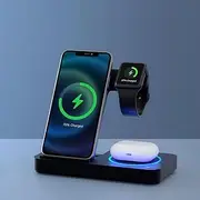 Devanti 4-in-1 Wireless Charger Desk Phone Holder iPhone iWatch Chargers Mount Vent Suction Cup Portable Power Bank Mobile Charging Pad USB Qi Fast Desktop Multi-Port Docking Plate Cordless