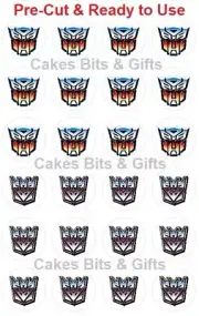 24x TRANSFORMERS AUTOBOT & DECEPTICON LOGOS Edible Wafer Cupcake Toppers PRE-CUT