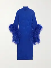 [Taller Marmo] Taller Marmo - Toile Del Rio Feather-trimmed Satin-jacquard Midi Dress - Blue - IT38 IT 38 Blue