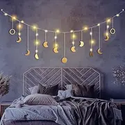 Moon Phase Wall Decor with LED String Light, 13 Gold Wood Boho Wall Hanging Decor Mood Garland 56'' - Celestial Phases Moon Decor in Bohemian Style for Bedroom Home Living Room Gift
