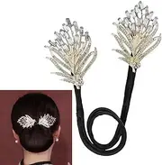 Peacock Display Angel Wings Elegant Hair Bun Maker, Rhinestone Flower Hairstyle Shaper Accessories for Women, Hair Piece Twister, Curler, Hair Pins for Effortless Updos for Long Thick Hair(White)