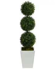 Nearly Natural 46in Boxwood Triple Ball Topiary Artificial Tree in White Metal Planter (Indoor/Outdoor)