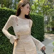Long-Sleeve Boat Neck Plain Faux Pearl Cutout Slit Top / High Rise Mini Pencil Skirt Top - Beige - S