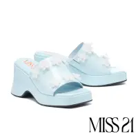 在飛比找momo購物網優惠-【MISS 21】精緻系蕾絲小花牛軟漆皮水台方頭厚底拖鞋(藍