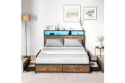 Giantex Queen Size Metal Bed Frame AppControl RGB LED Mattress Platform w/Storage Headboard &4 Drawers, Rustic Brown