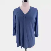 Orvis Womens Casual Top Blue 3/4 Sleeve V Neck Linen Blend Blouse Tee L New