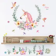 Removable Wall Stickers Girls Watercolour Unicorn Flowers Fairy Decals in TUBE