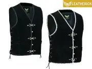 Mens Motorcycle Biker Black Suede Leather Vest Waistcoat Spanish Braid & Clasps