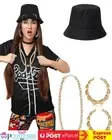 Womens Bad Boy Black Rapper Hip Hop 80s 90s Costume Hat Earrings Necklace