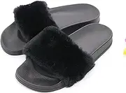 Mfacl Women's Winter Furry Slippers Faux Fur Slides Non-Slip Plush Fashion Solid Slippers Fluffy Indoor Flat Flip Flops Women Shoes (Color : Black, Shoe Size : 8)