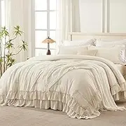 Andency Super King Ruffle Comforter Set, 3 Pieces Farmhouse Shabby Chic Bedding Set, Lightweight Soft Oversized King Comforter Set 120x120 for Girls Women (1 Comforter 2 Pillowcases), Beige