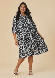 [Virtuelle] Taking Shape Cotton Collared Printed Dress Size 16 in Black / Vanilla - Plus Size Women's Clothing Black / Vanilla