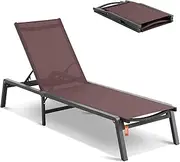 VEVOR Chaise Lounge Chair Outdoor, Aluminum Patio Lounge Chair with Adjustable 5-Position, Folding Pool Lounge Chair Recliner and Full Flat Tanning Chair for Patio, Beach, Pool, Brown