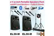 E-Lektron EL30-M Package 2 X 12" inch 1400W Bluetooth 5.0 TWS linkable Portable Speaker Set Laud Sound PA System with Stands
