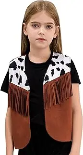 [Fldy] Girls Halloween Party Performance Suede Tassels Vest Jacket Open Front Cowboy Waistcoat