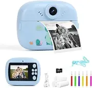 Sicilaien Kids Camera Instant Print, 48MP Kids Digital Camera Instant with 3 Rolls Print Paper & 32G TF Card, 1080P Video Recording Selfie Toy for Boys Girls 3-12 Birthday Christmas, Blue Dinosaur