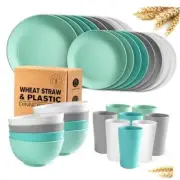 32-Piece Kitchen Plastic Wheat Straw Dinnerware Set, Turquoise Ombre,Green