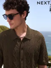 Khaki Green Knit Button-Through Polo Shirt (AJ8734) | $66
