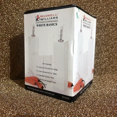 NEW Maxwell Williams Cruet Set White Basics Oil Vinegar Bottle Salt Pepper Tray