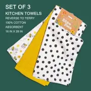 3-PK New ENVOGUE Reverse to Terry Printed Kitchen Towels Bees Dots Yellow Waffle