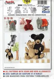 Burda 7904 Cuddly Jointed Soft Toys - Elephants, Monkey & Teddy Bears UNCUT