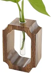Small Glass Vase - Wood Frame Modern Vase - Aesthetic Clear Glass Test Tube Flower Holder for Home Table Shelf Hotel Living Room Bookshelf Entryway