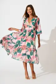 Misty Midi Dress Full Length Sleeve in multicolor Multi Pink and Emerald Print 8
