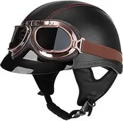 Leather Motorcycle Half Helmet Vintage Open Motorbike Helmet with Goggles Jet Helmet for Street Racing Motorcycle Cruiser Scooter Helmet DOT/ECE Approved