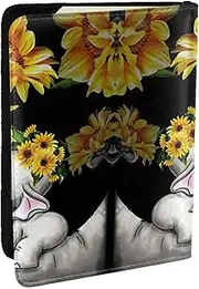 [EdWal] Mother and Baby Elephant Sunflowers Print Passport Cover with Credit Card Holder Leather Passport Case, for Women Men Family ID Travel, Black, One Size