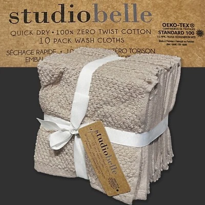10PK studiobelle Zero Twist Cotton Quick Dry Checked Texture Beige Washcloths