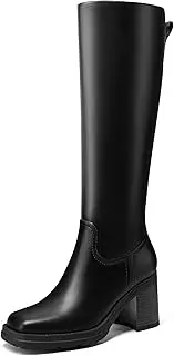 [Dumjey] Women Knee High Boots Square Toe Stacked Heel Thick Sole Boots Chunky High Heels Gogo Boots Wide Calf Dress Shoes with Zippers