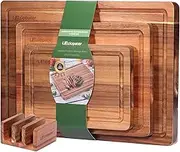 Acacia Wood Cutting Board，Solid Wooden Cutting Board for Kitchen with Holder with Deep Juice Grooves & Built-in Handles, Durable Wooden Chopping Board Set of 3 for Meat, Vegetables and Fruits
