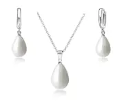 Sterling Silver Freshwater Teardrop Pearl Necklace w/ Leverback Earrings Set
