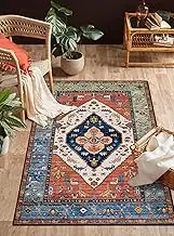 Boho 3x5 Washable Area Rugs, Small Non-Slip Bedroom Carpet Throw Low-Pile Rugs for Entryway Kitchen, Oriental Distressed Carpet for Bathroom Office Laundry Living Room, Rust