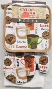 3 pc KITCHEN SET: 2 POT HOLDERS, 1 OVEN MITT & 2 TOWELS, COFFEE CUPS & TYPES, HS